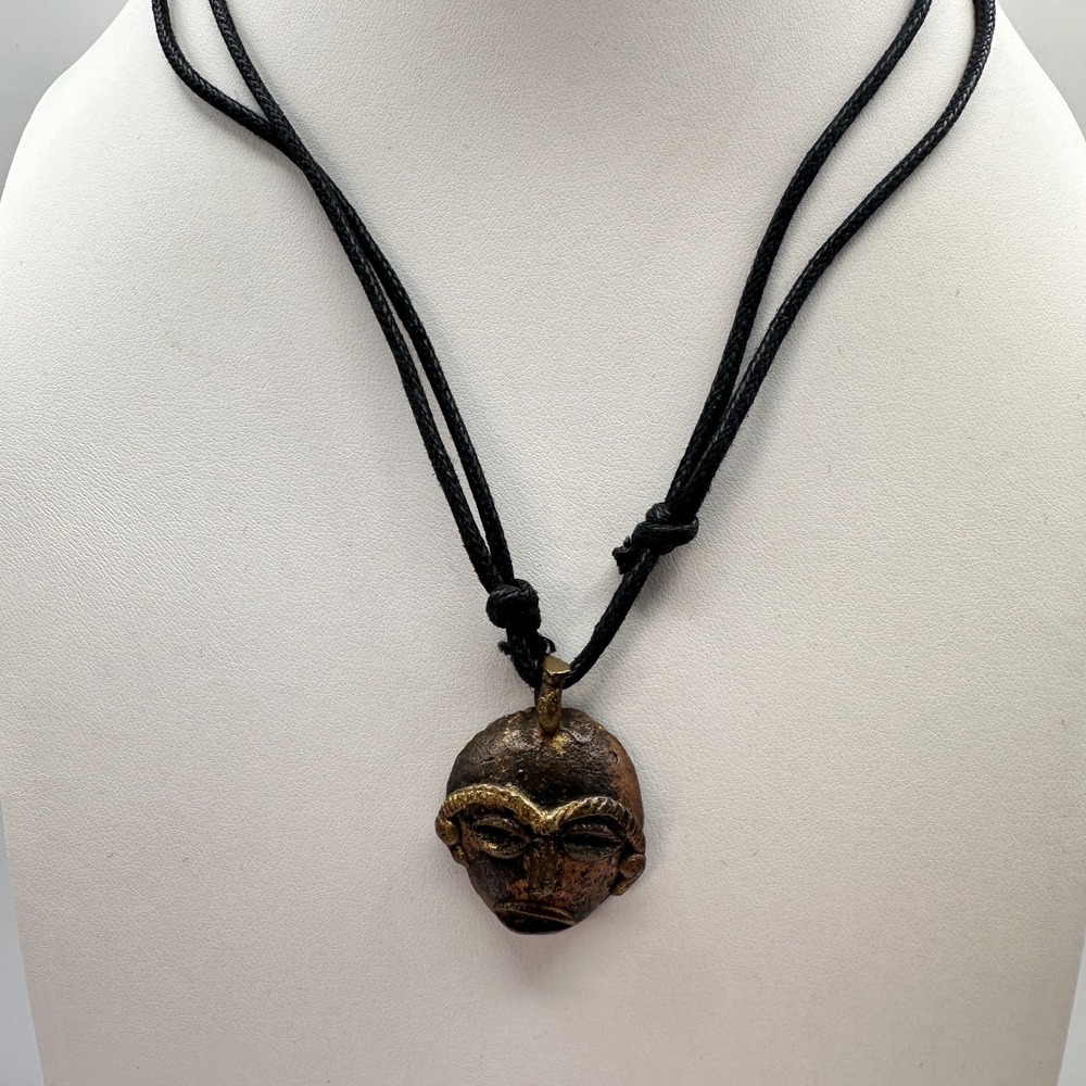Vintage 90s Bronze Tribal Mask Pendant Necklace Women's Jewelry